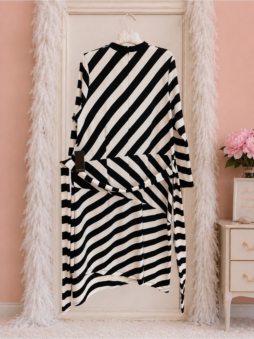 NWT Eloquii Black & White Striped Asymmetrical Tie Waist Dress Size 20 - Picture 2 of 8
